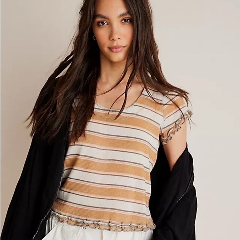 Free People Striped Ruffle Scoopneck Short Sleeve Garner Tee